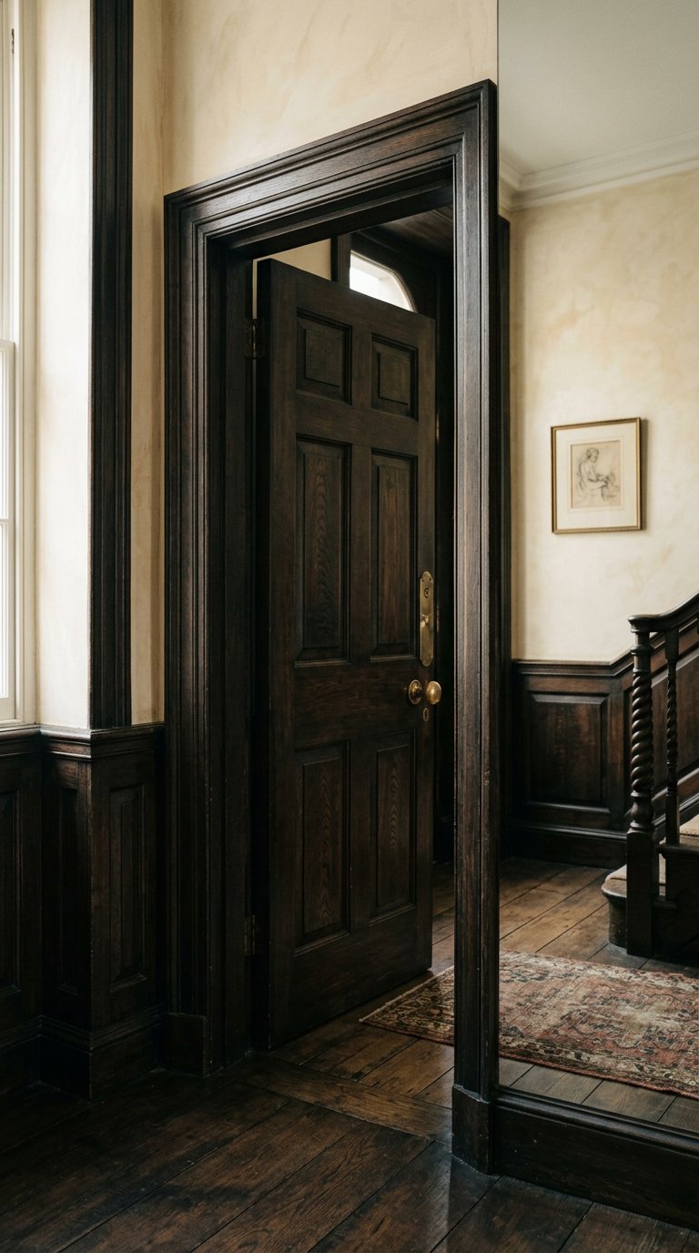 A dark wood Georgian doorway opening onto a quiet townhouse interior.