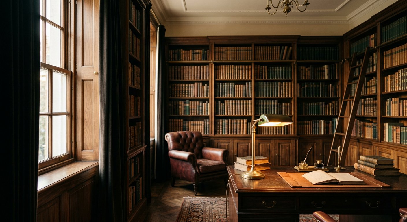 A private library study with dark walnut shelves, a leather armchair and a brass desk lamp.