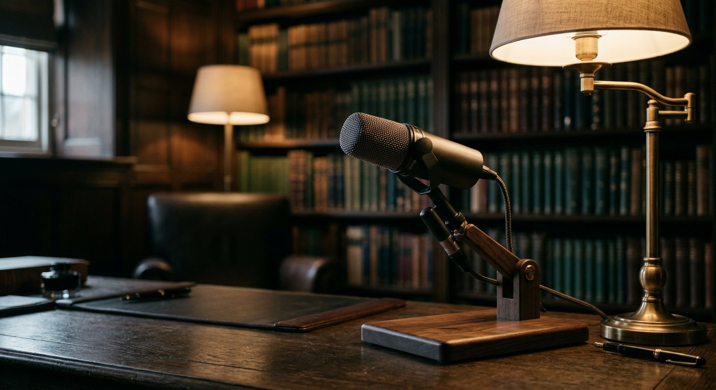 A studio microphone on a walnut stand in a private library, lit by a brass lamp.